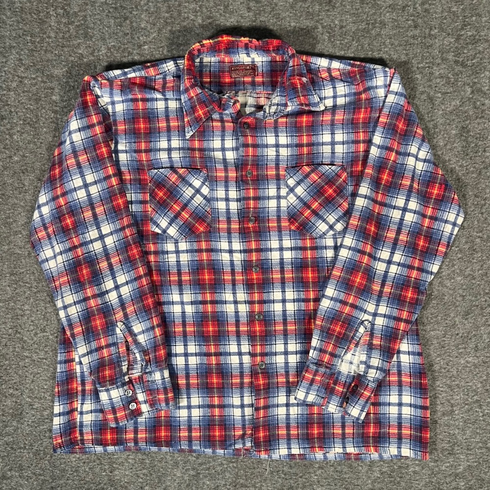 Vintage 70s Kingsport Flannel Shirt Mens XL Red Blue Plaid Cotton Button Down